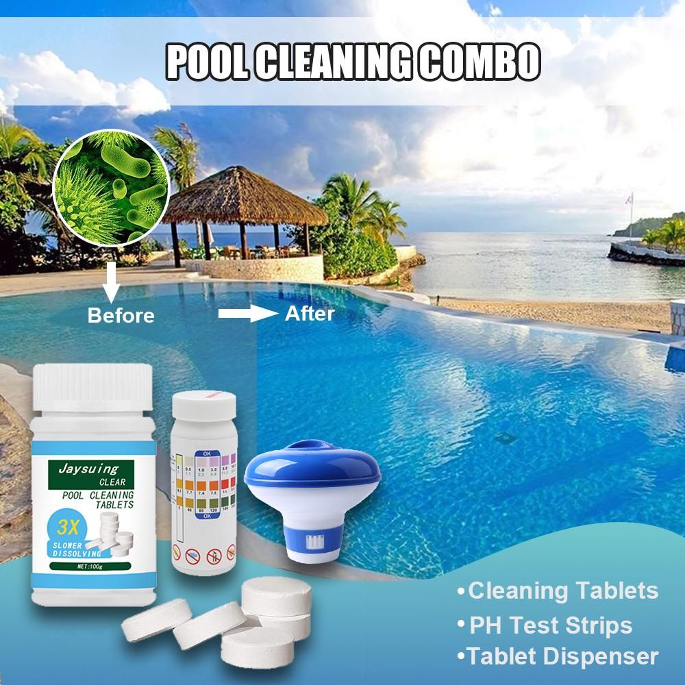 100g/3.5oz Swimming Pool Cleaning Tablet with 1pcs Tablet Dispenser 50pcs PH Test Papers Swimming Pool Guard Pool Care Accessory