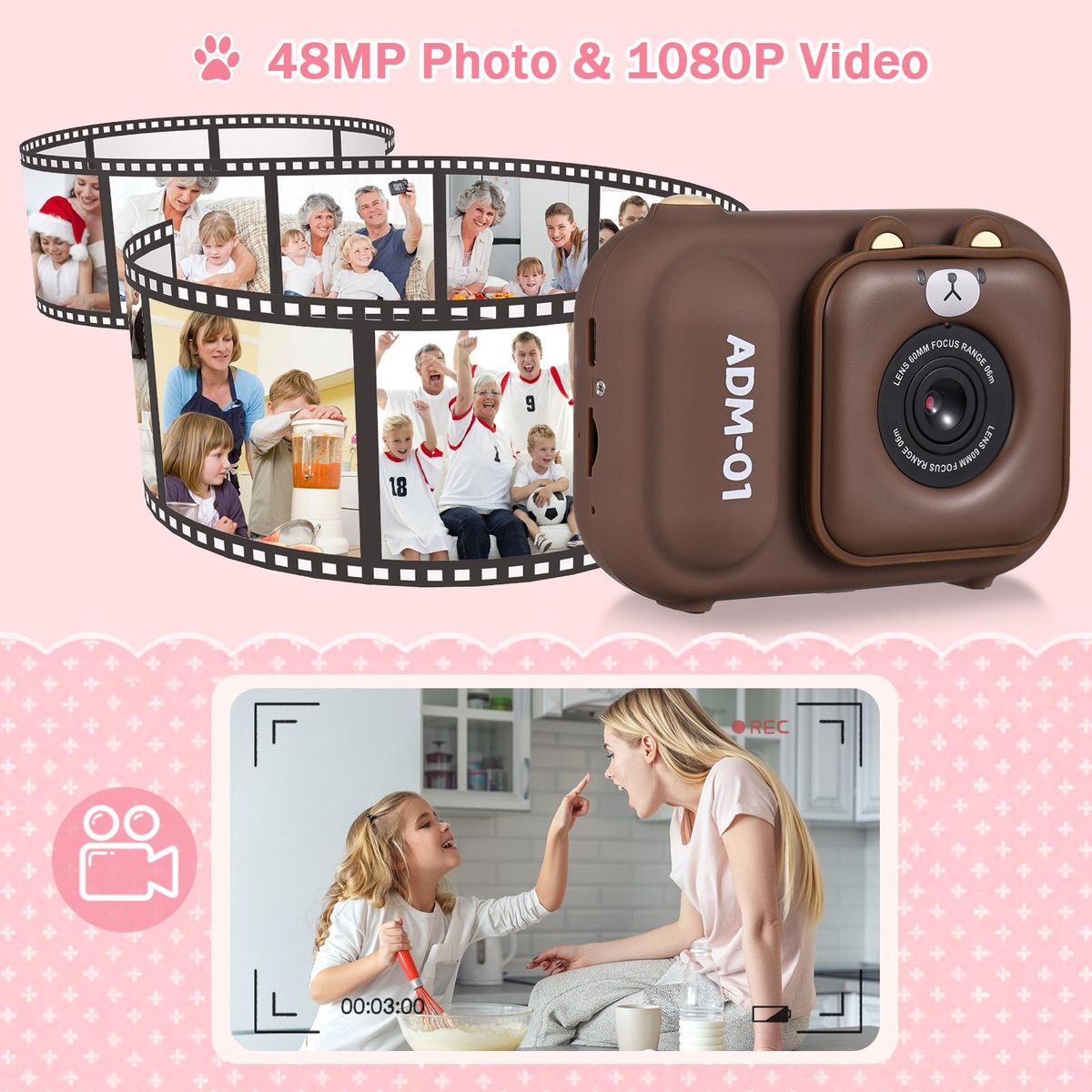 1080P Kids Digital Camera Mini Video Camera for Kids 48MP 2.4 Inch IPS Screen Dual Lens Built-in Battery with 32GB Memory Card & Card Reader & Desktop Tripod Birthday Christmas Gift for Boys Girls