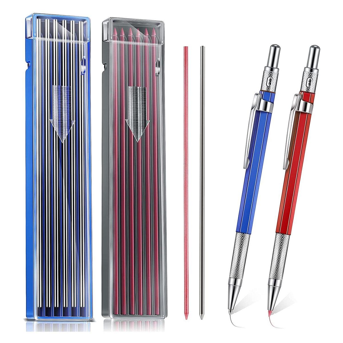 2 Pcs Welders Pencil with 24 Pcs 2mm Refills Mechanical Pencil with Built in Sharpener Carpenter Pencils