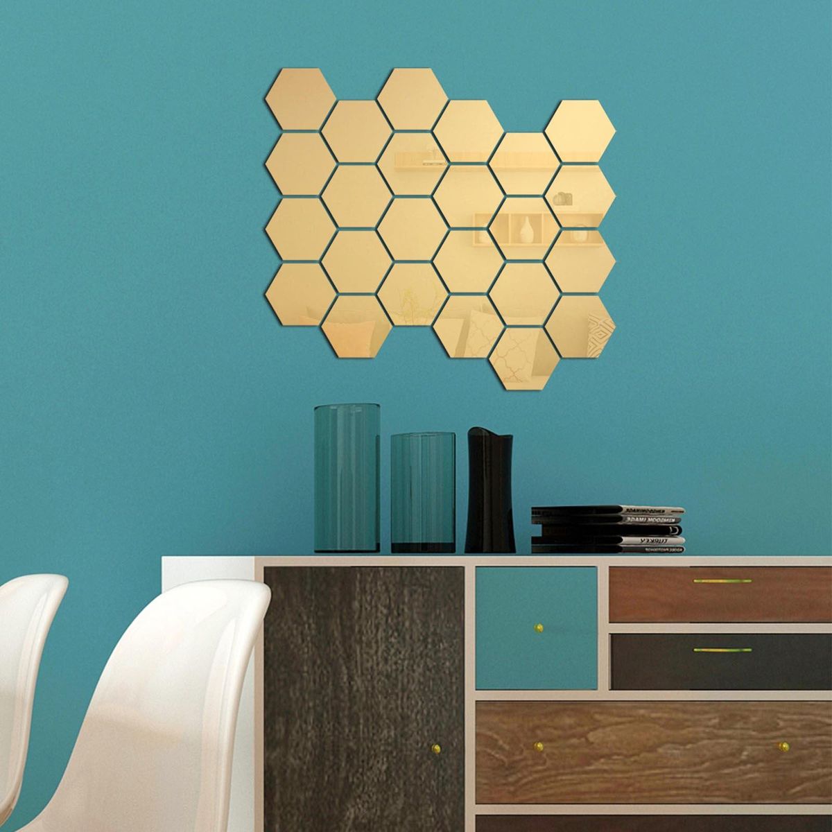 32PCS Hexagon Mirror Wall Stickers Removable Wall Decals Acrylic Decorative Mirror DIY Home Decorations for Bedroom Bathroom Living Room