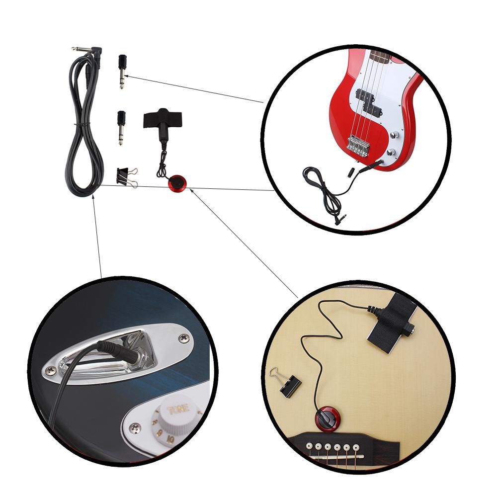 Universal String Instrument Pickup Set with Pickup + 6.35mm Audio Cable + 2pcs 6.35mm to 3.5mm Adapters + Metal Clip for Guitar Violin Ukulele Musical Instrument Accessories
