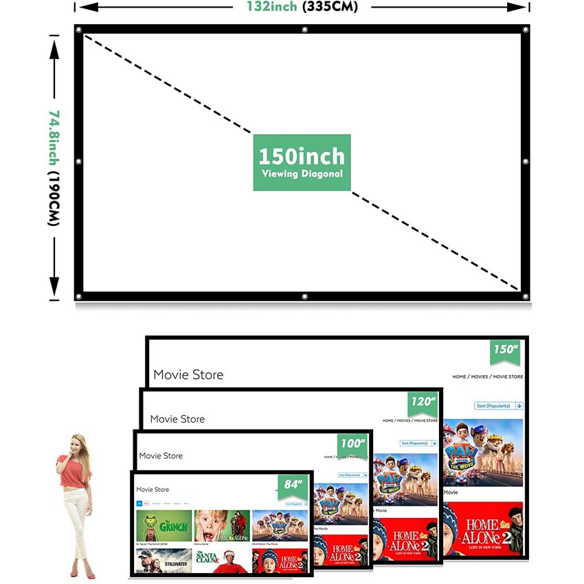 150'' Portable Manual Projector Screen HD 16:9 White Dacron