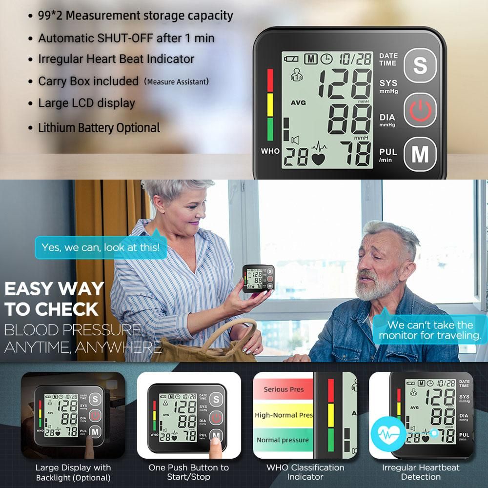 Household Automatic Wrist Digital Electronic Blood-Pressure Meter Portable Sphygmomanometer with English Voice Broadcast Function Powered By 2 AAA Batteries