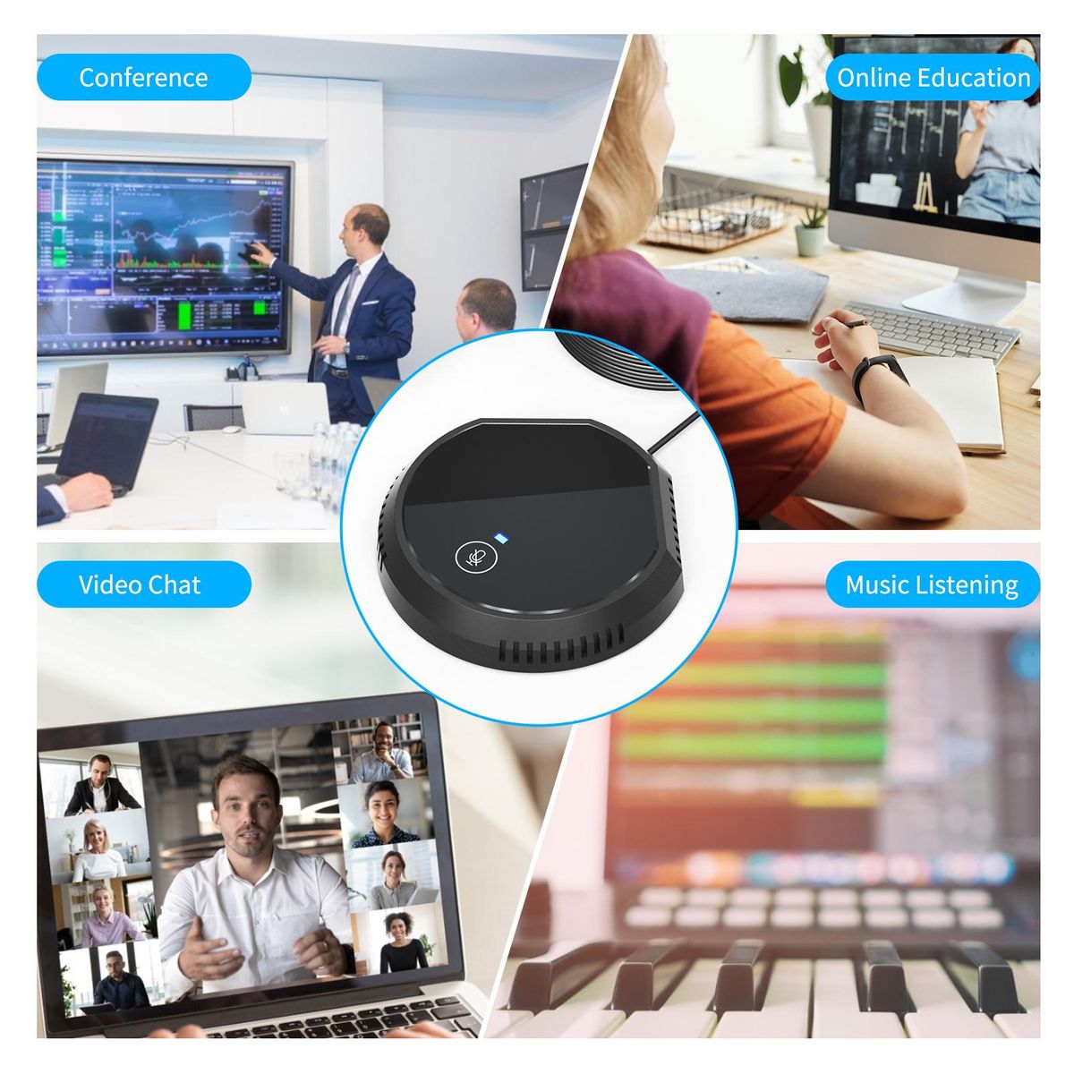 Desktop USB Conference Speakerphone Microphone 360° Omnidirectional Condenser Plug & Play PC Computer Mic Support BT Speaker Touch-Sensor Buttons Mute Function Compatible with Windows Mac for PC Laptop Video Conference Recor