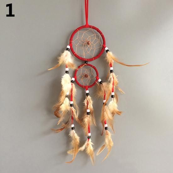 Double Circle Dream Catcher with Feathers Hanging Decoration Bedroom Ornament-Red