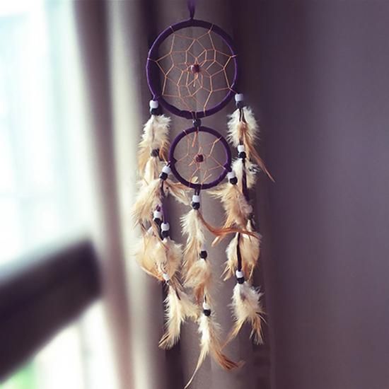 Double Circle Dream Catcher with Feathers Hanging Decoration Bedroom Ornament-Red