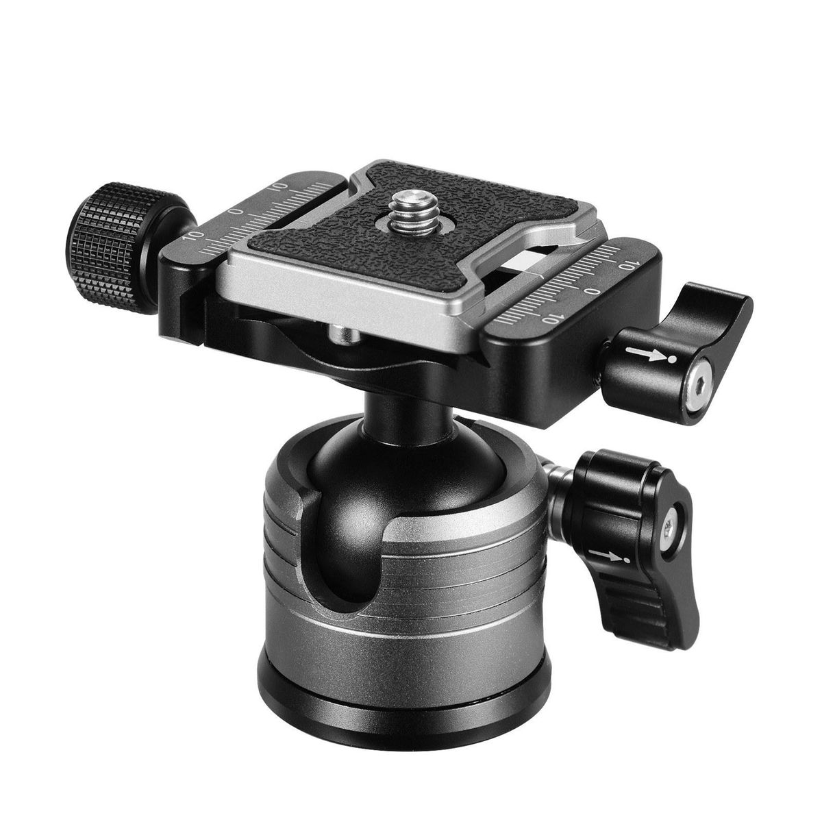 CNC Aluminum Alloy Dual Panoramic Ball Head Low Center of Gravity Single U Notch Design with 1/4 Inch Screw Mount for DSLR ILDC Cameras Tripod Monopod Max. Load 10kg Grey