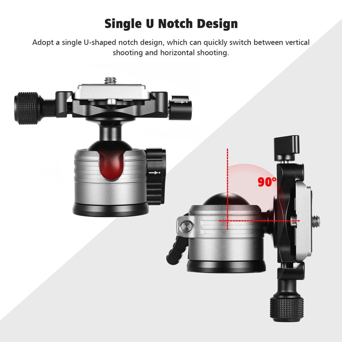 CNC Aluminum Alloy Dual Panoramic Ball Head Low Center of Gravity Single U Notch Design with 1/4 Inch Screw Mount for DSLR ILDC Cameras Tripod Monopod Max. Load 10kg Grey