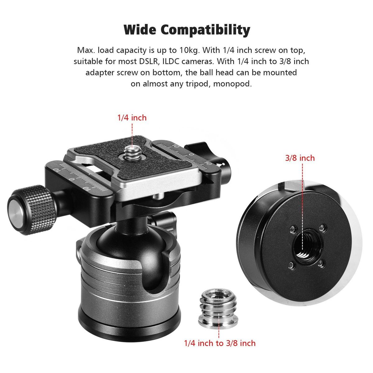 CNC Aluminum Alloy Dual Panoramic Ball Head Low Center of Gravity Single U Notch Design with 1/4 Inch Screw Mount for DSLR ILDC Cameras Tripod Monopod Max. Load 10kg Grey