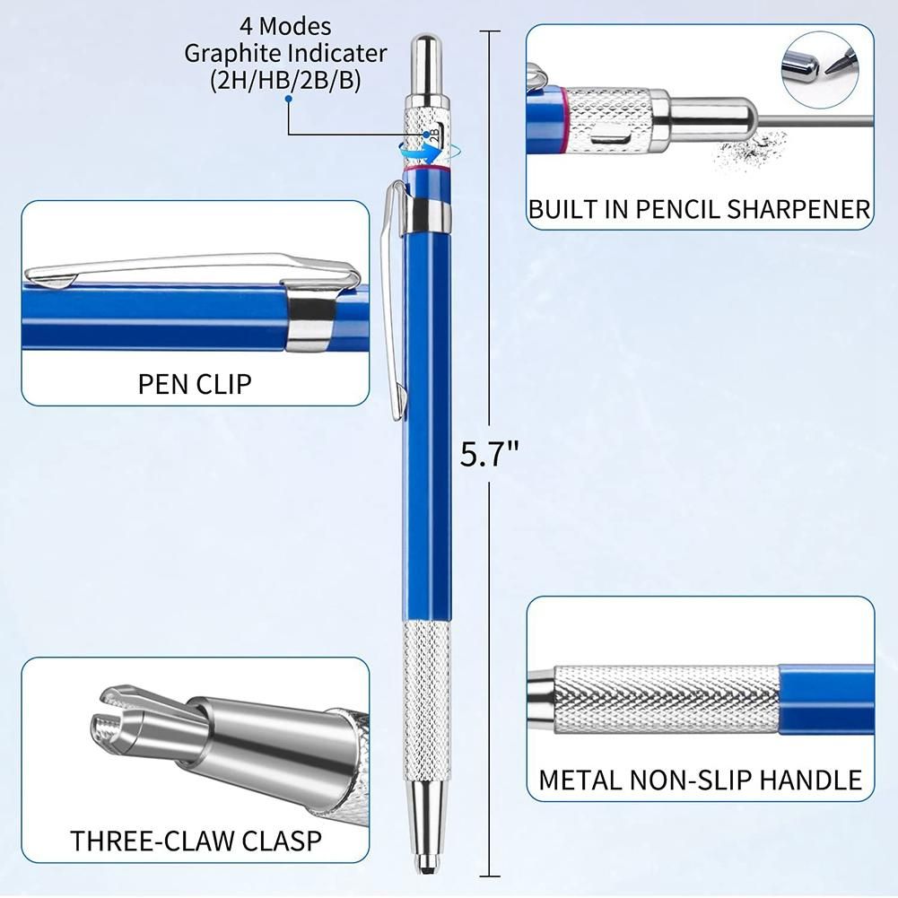 Welders Pencil with 6Pcs Round Refills, 2.0 mm Mechanical Pencil Marker for Pipe Fitter Welder Construction Woodworking