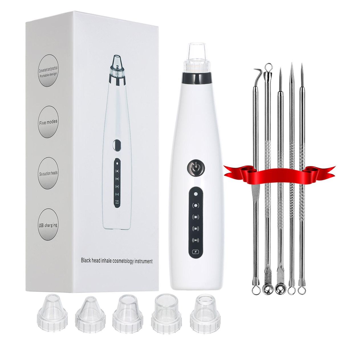 Portable Blackhead Remover Electric Blackhead Suction Device with 6 Suction Probes and 5 Adjustable Suction Force 5PCs Acne Removing Tools -USB Rechargeable