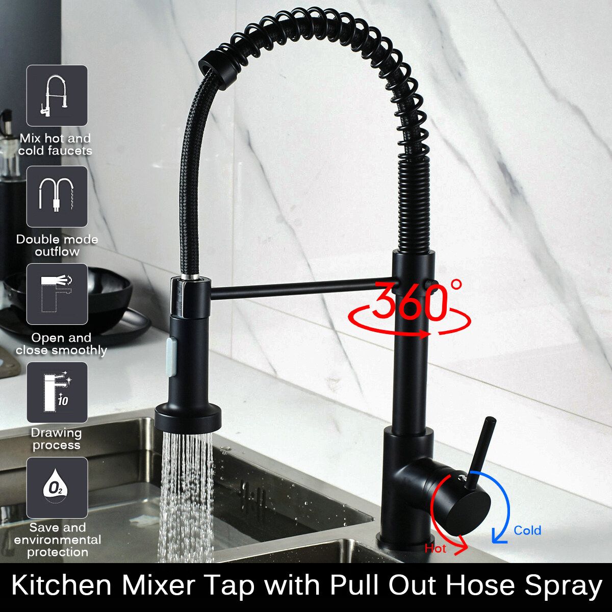 Bathroom Faucet 360° Rotating Chrome Copper With Pull Down Hose Spray Single Handle Lever Hot And Cold Tap Water Basin Kitchen Sink Wash Home Black