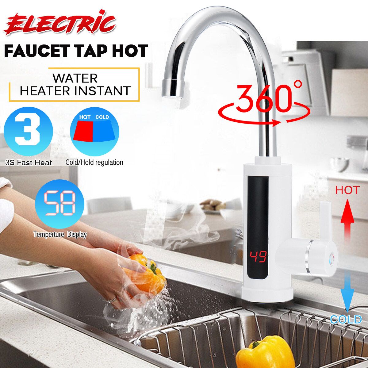 (Portrait Screen) Hot & Cold Dual-use 360° Electric Heater LED Faucet Tap Instant Hot Water Bathroom Kitchen Fast Heat 220V-Stainless Steel White