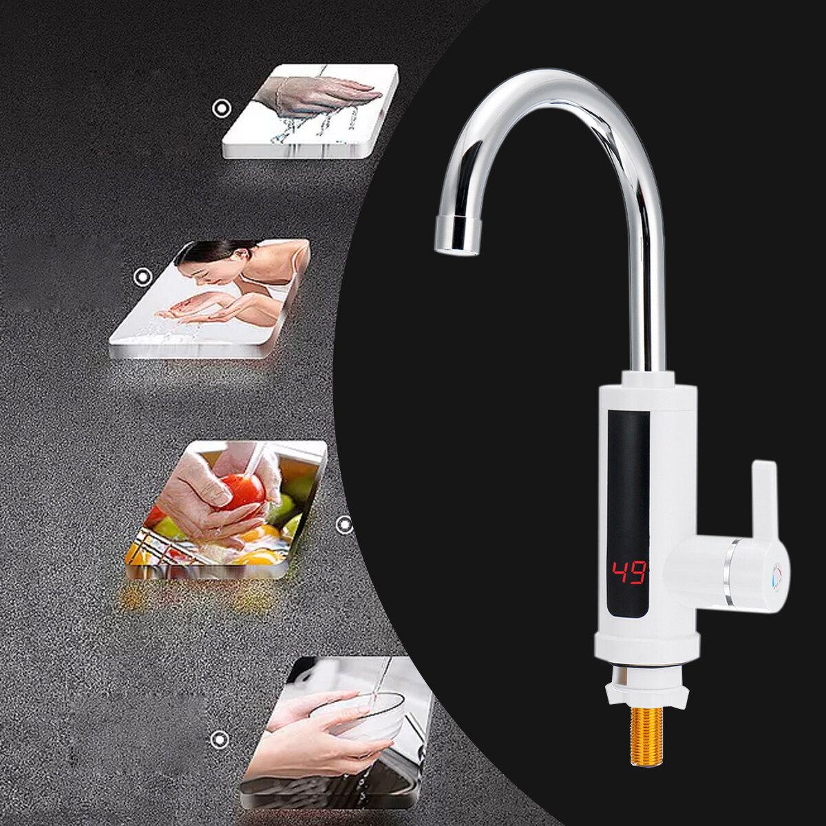 (Portrait Screen) Hot & Cold Dual-use 360° Electric Heater LED Faucet Tap Instant Hot Water Bathroom Kitchen Fast Heat 220V-Stainless Steel White