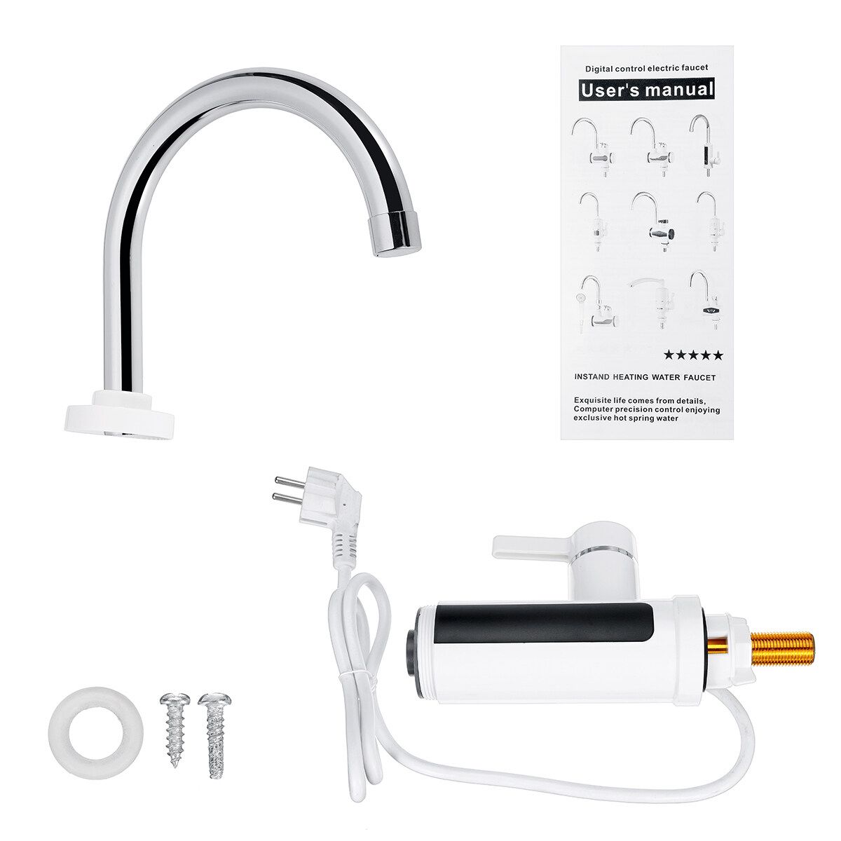 (Portrait Screen) Hot & Cold Dual-use 360° Electric Heater LED Faucet Tap Instant Hot Water Bathroom Kitchen Fast Heat 220V-Stainless Steel White