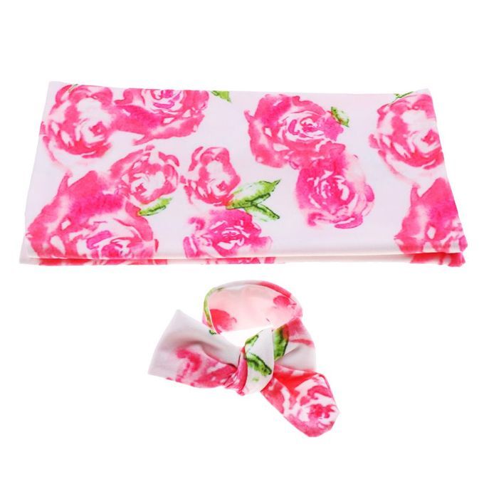 Baby Floral Swaddle Blanket Headband Set,Receiving Blanket Pink Rose