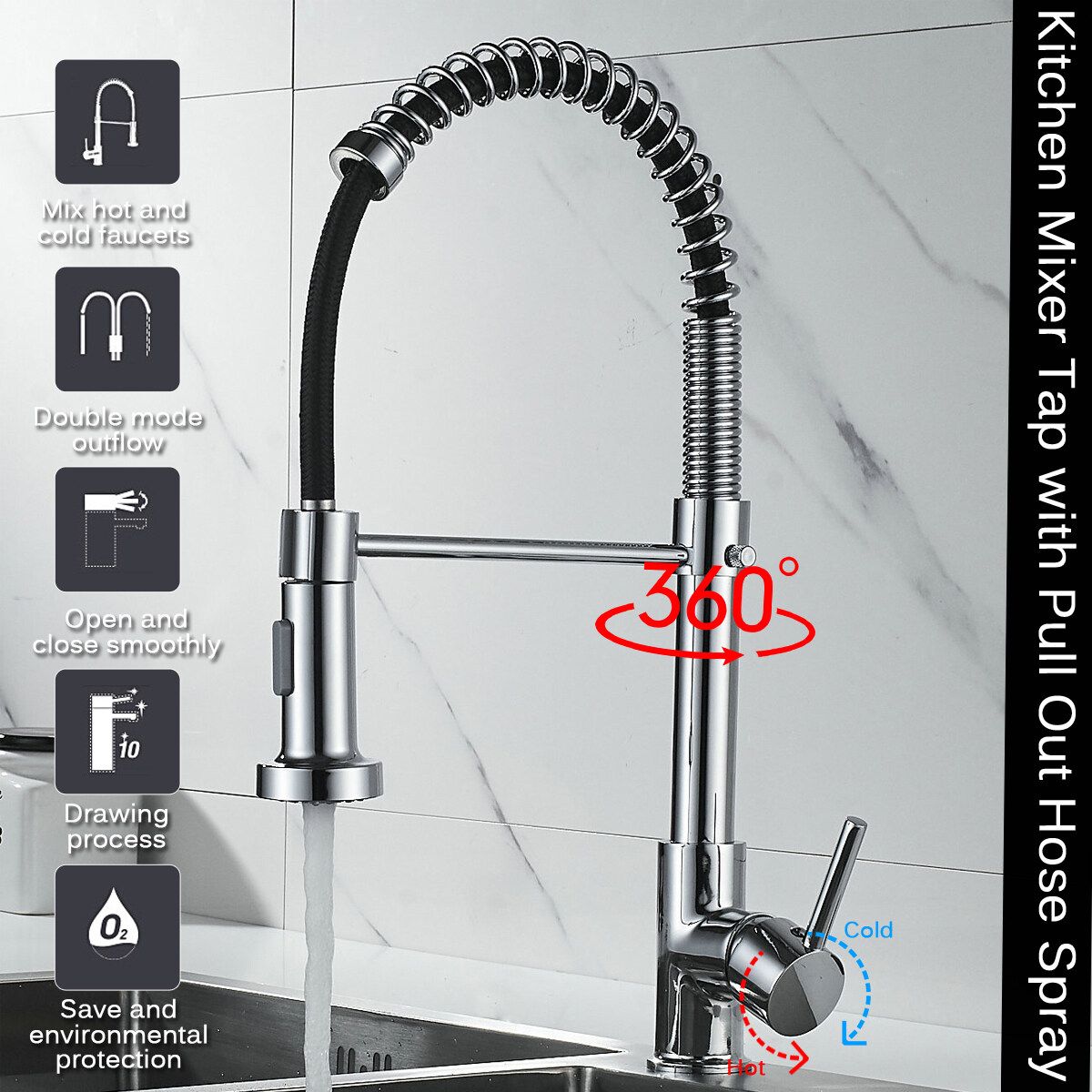 Bathroom Faucet 360° Rotating Chrome Copper With Pull Down Hose Spray Single Handle Lever Hot And Cold Tap Water Basin Kitchen Sink Wash Home Brushed