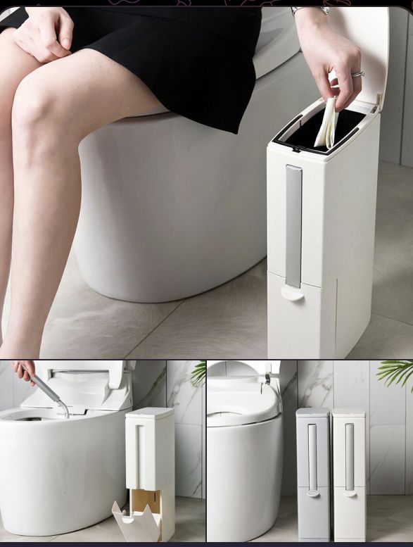 Plastic Trash Can Toilet Brush Thin Waste Bin Dustbin Garbage For Bathroom Brown Garbage Bucket