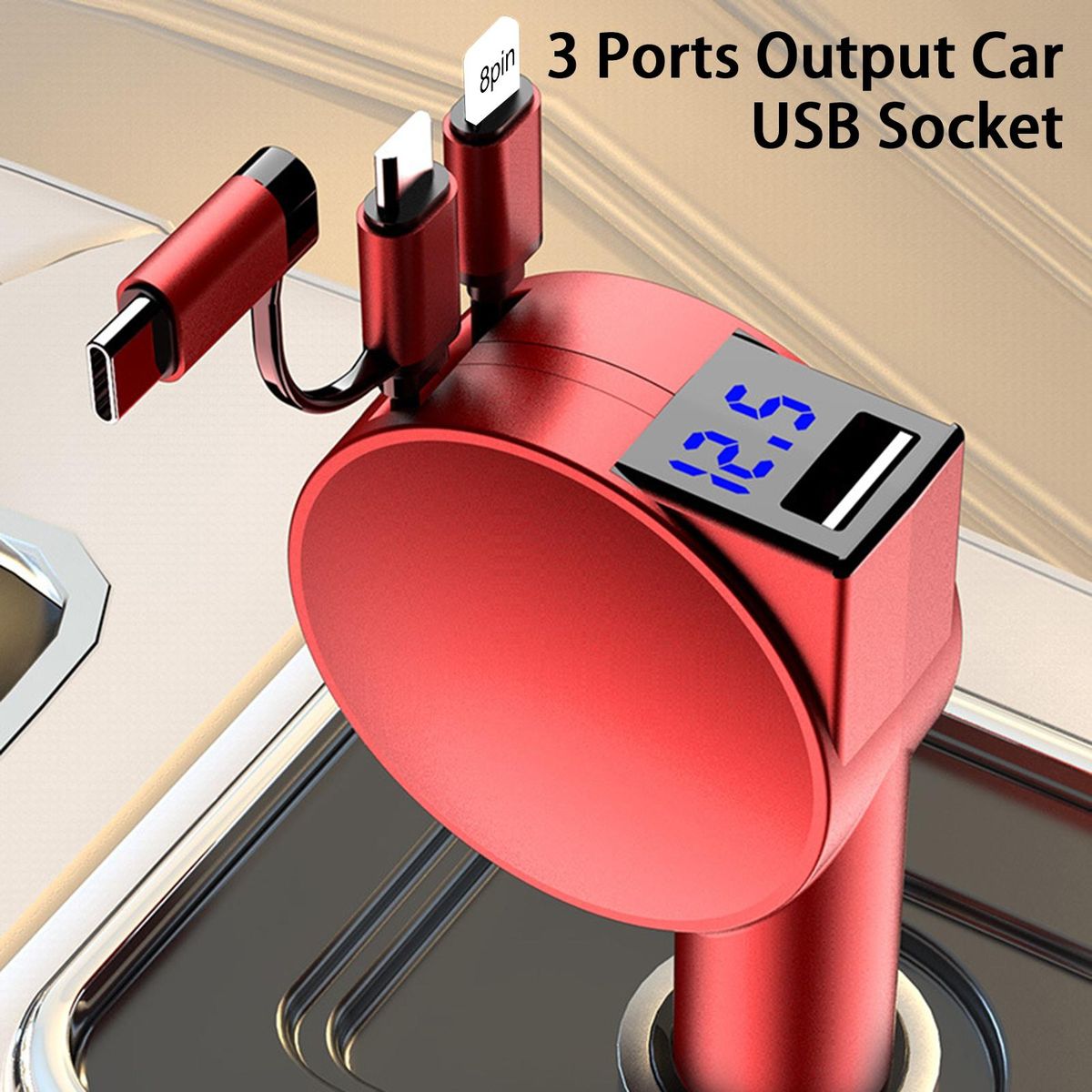 Car Charger Adapter 3 Ports Car Charger Socket Red