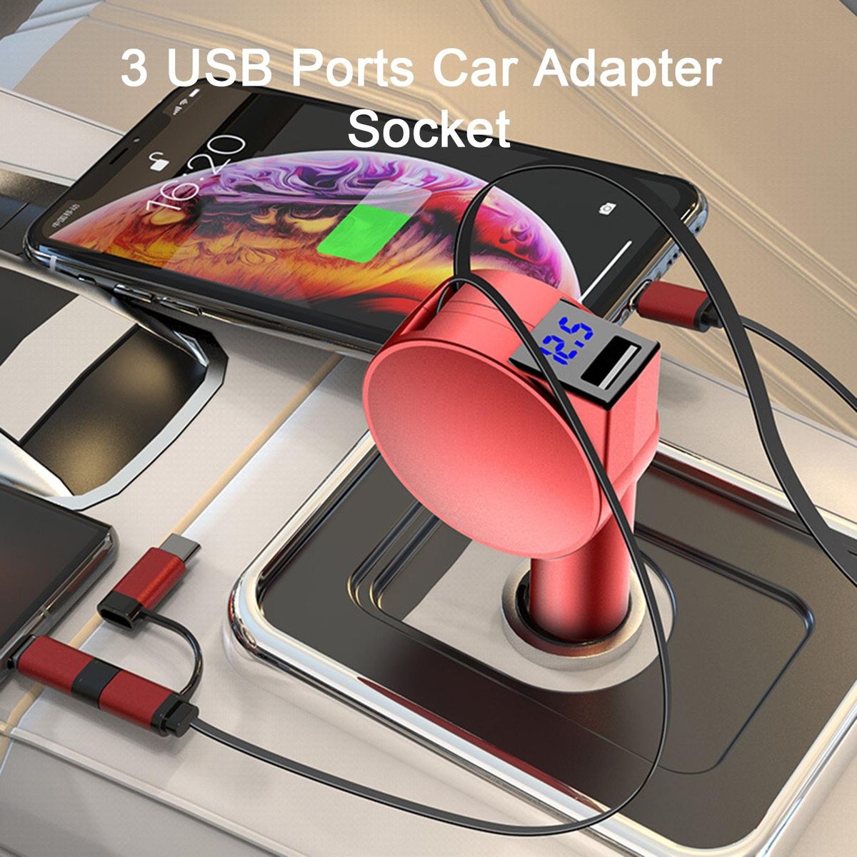 Car Charger Adapter 3 Ports Car Charger Socket Red