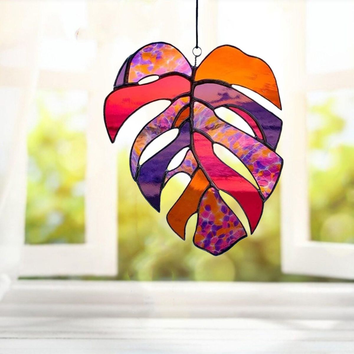 Stained Glass Panel Window Hanging Acrylic Decorative Outdoor Leaf