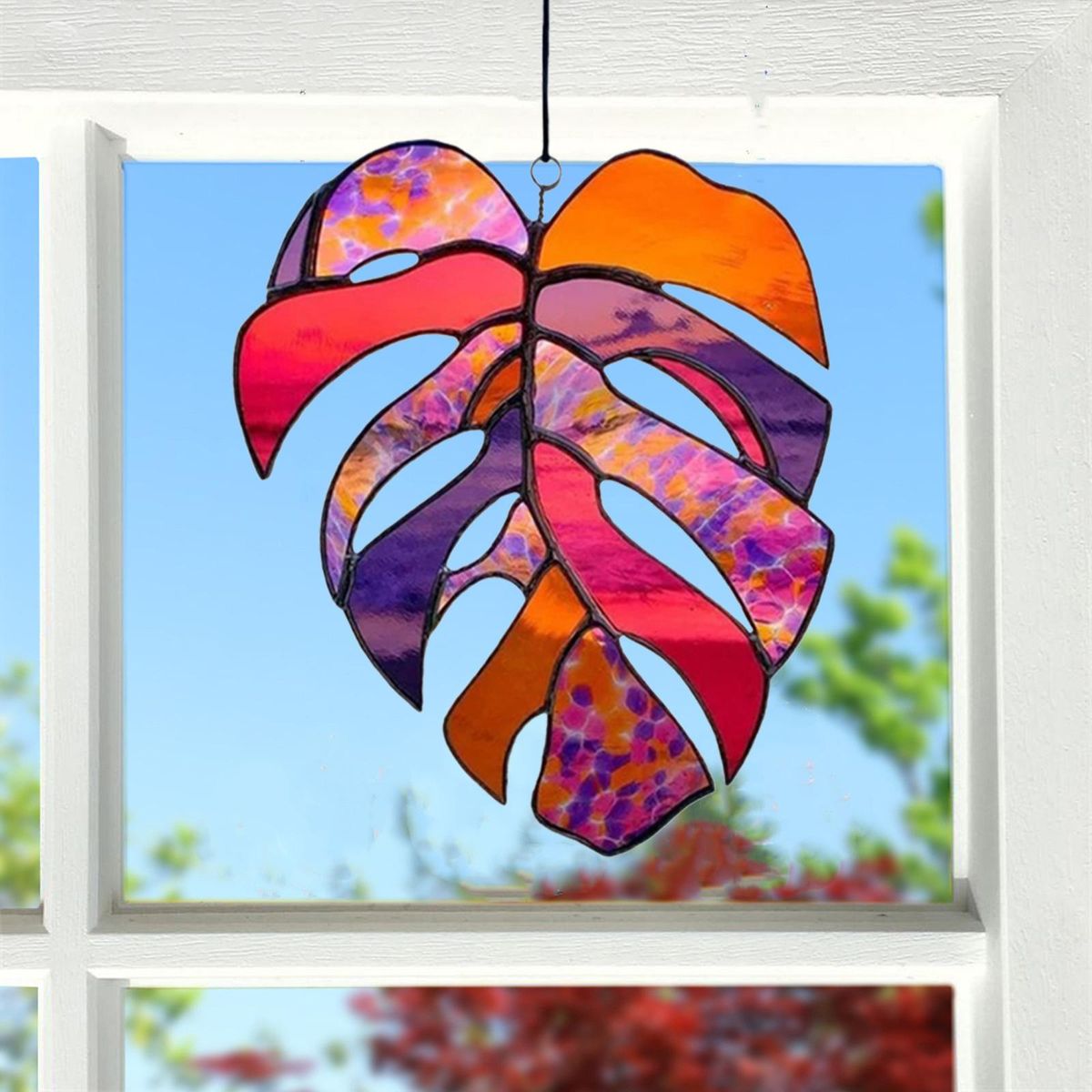 Stained Glass Panel Window Hanging Acrylic Decorative Outdoor Leaf