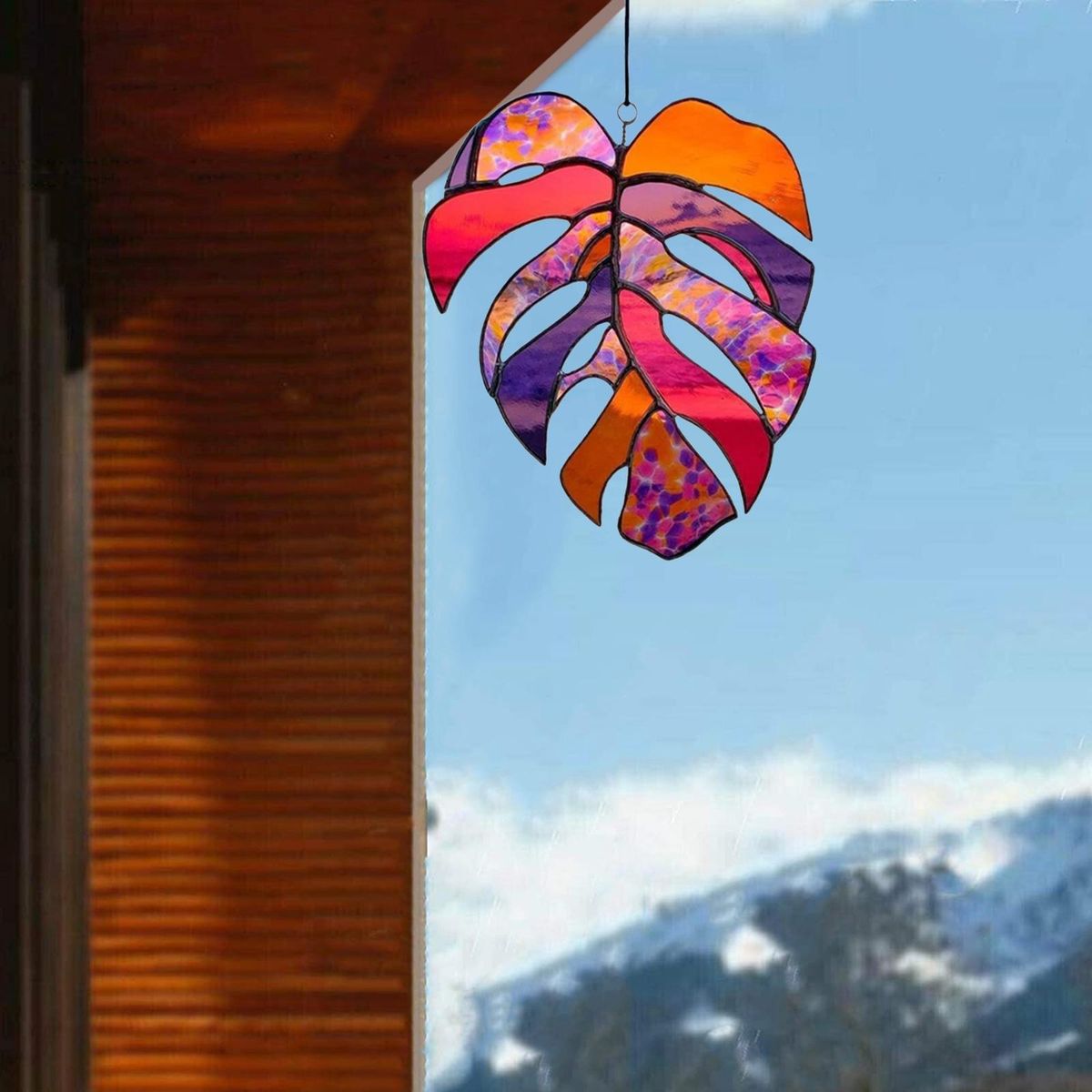 Stained Glass Panel Window Hanging Acrylic Decorative Outdoor Leaf