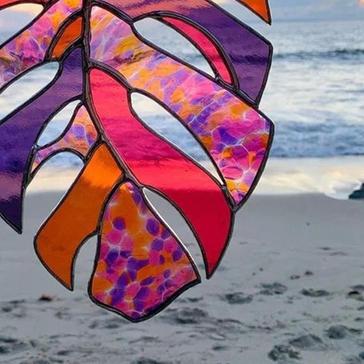 Stained Glass Panel Window Hanging Acrylic Decorative Outdoor Leaf