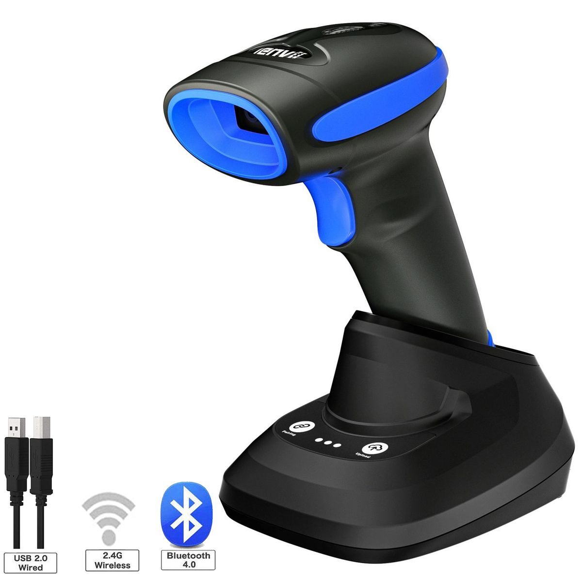 CW200 Bluetooth & Wireless 2D Barcode Scanner Handheld QR Code Scanner USB Wired 1D Barcode Reader 3 In 1 With Charging Base Use For Store,Supermarket, Warehouse Support Android,iOS（BLUE）