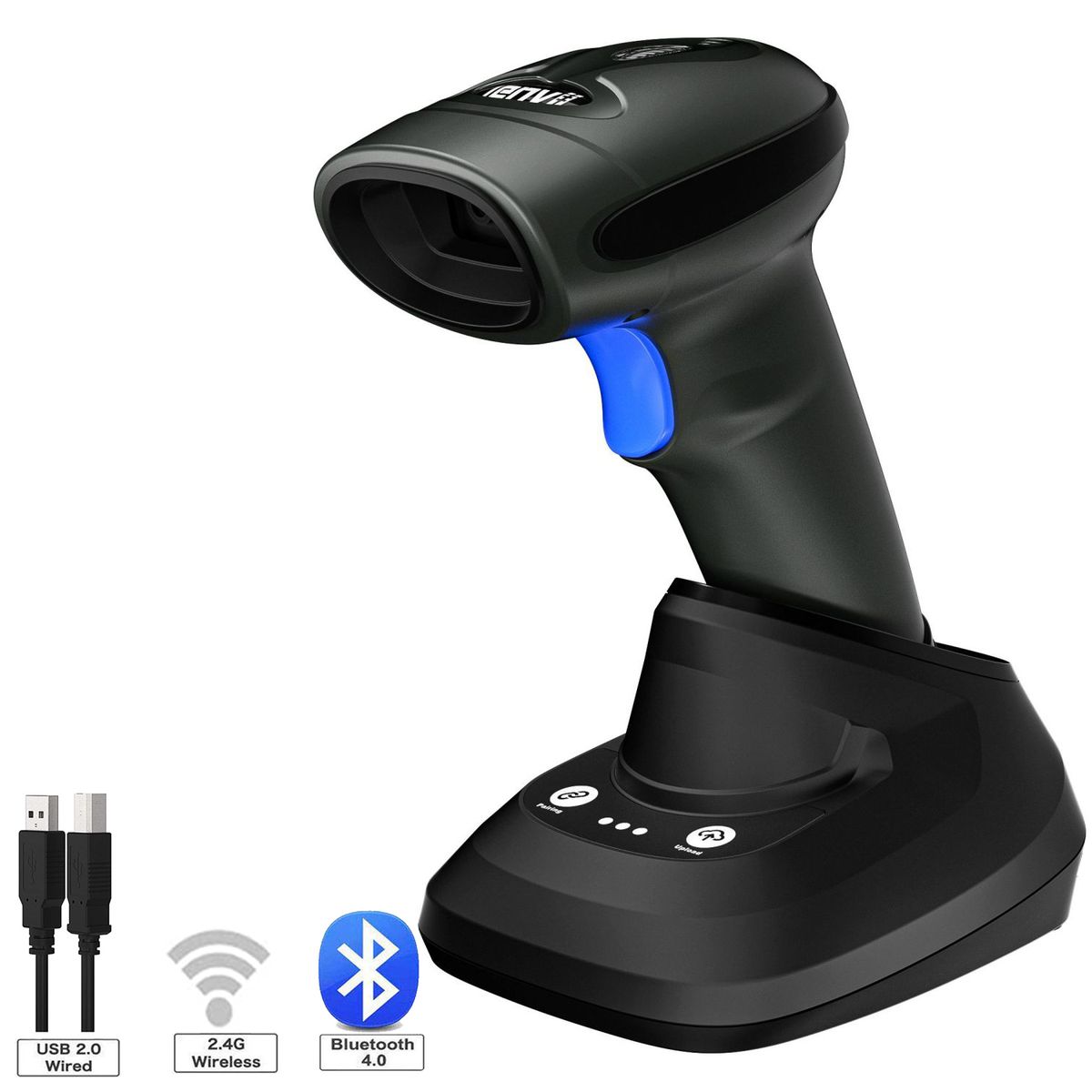 CW200 Bluetooth & Wireless 2D Barcode Scanner Handheld QR Code Scanner USB Wired 1D Barcode Reader 3 In 1 With Charging Base Use For Store,Supermarket, Warehouse Support Android,iOS（BLACK）