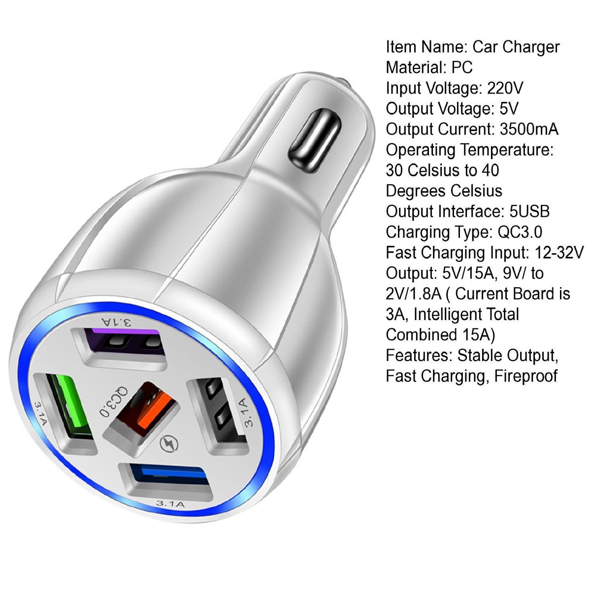 USB Charger 5 Ports Car Phone Charger White