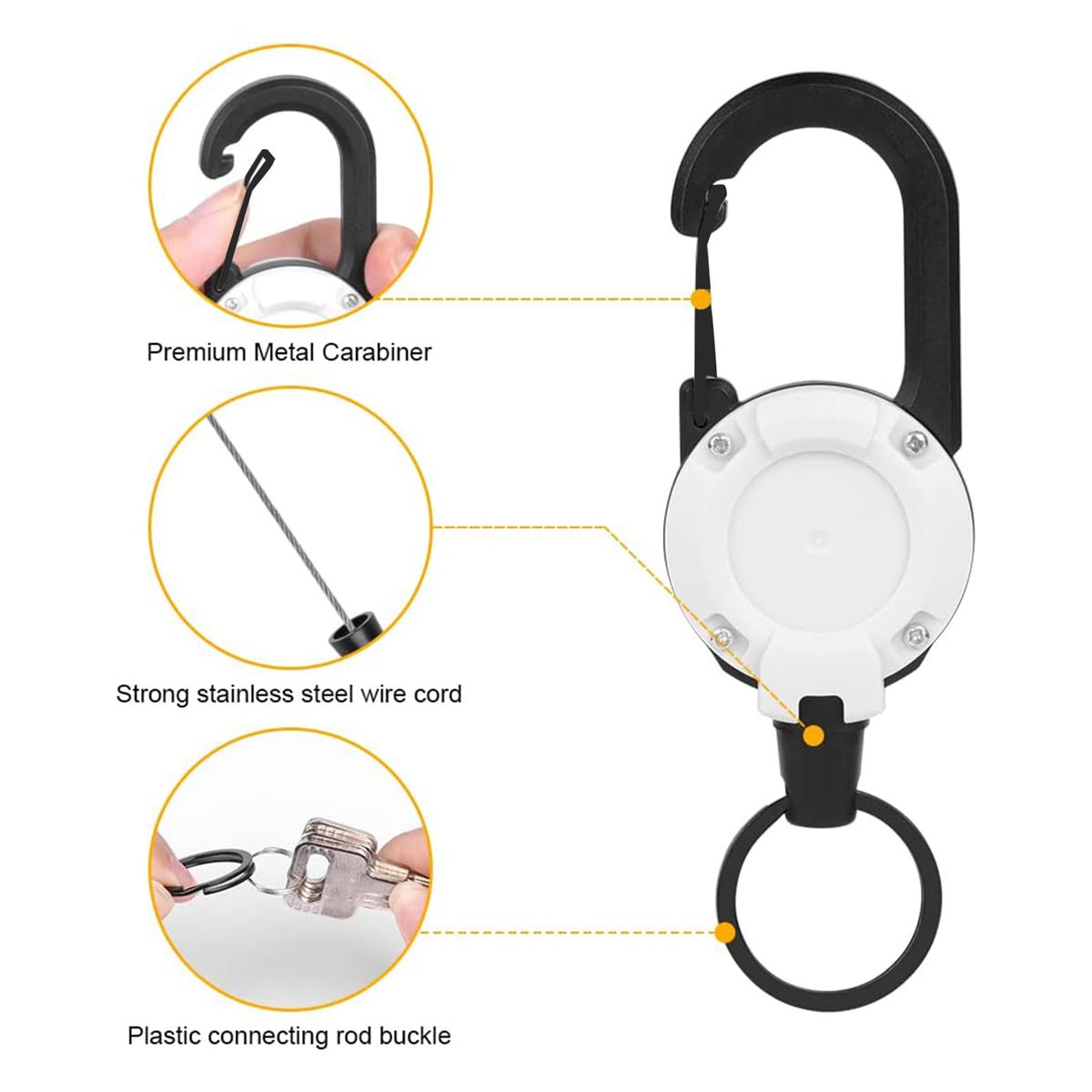 Heavy Duty Retractable Keychain, 4Pcs Retractable Badge Holder, Retractable ID Badge Reel Heavy Duty Reel Clips (White)