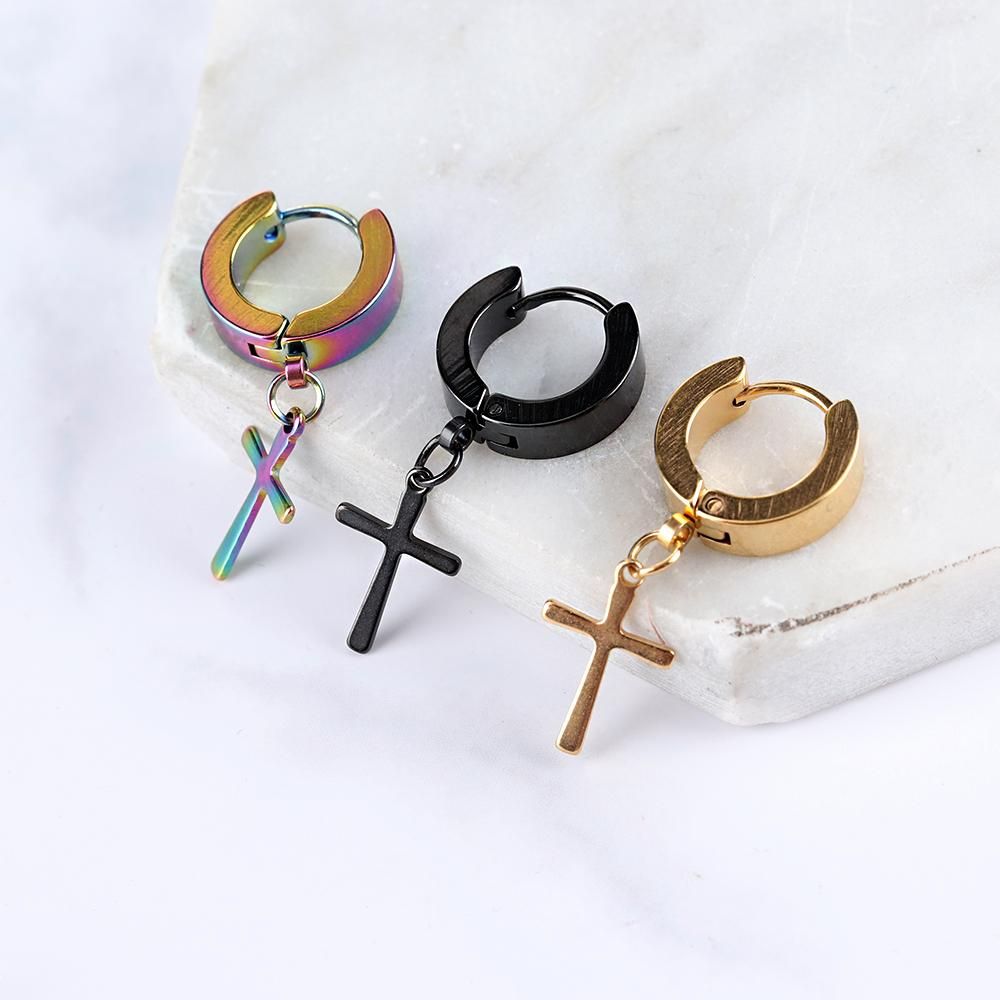 1PCS Men Women Punk Gothic Stainless Steel Dangle Black Gold Silver Cross Stars Pendant Piercing Ear Stud Hoop Huggies Earring