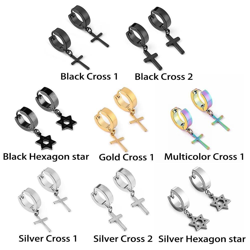 1PCS Men Women Punk Gothic Stainless Steel Dangle Black Gold Silver Cross Stars Pendant Piercing Ear Stud Hoop Huggies Earring