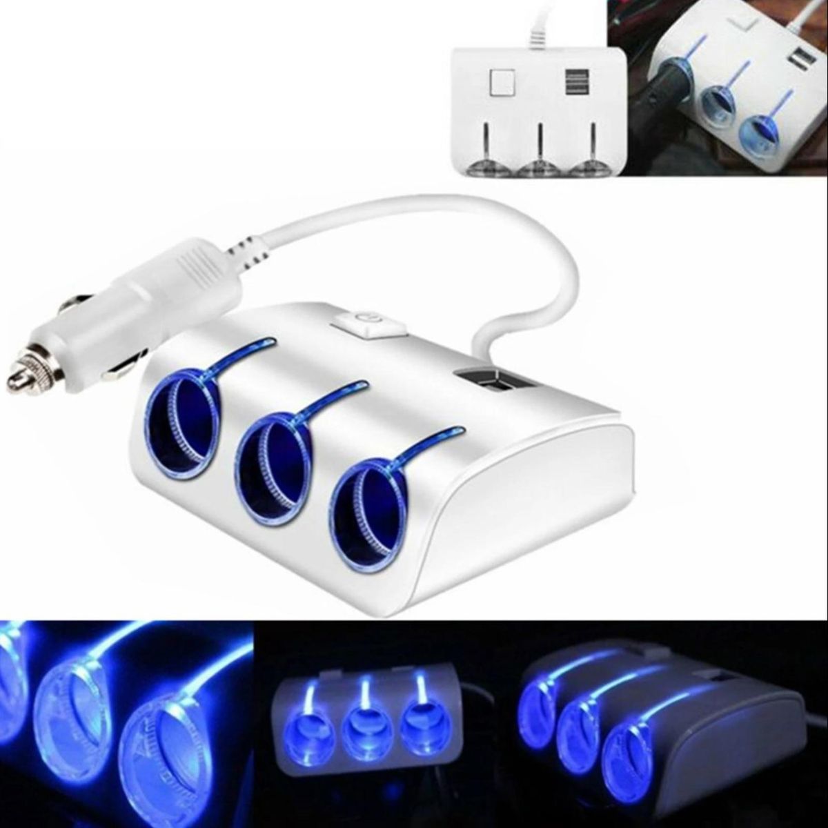 Car USB Charger 3 Socket Splitter Car Charger Adapter White