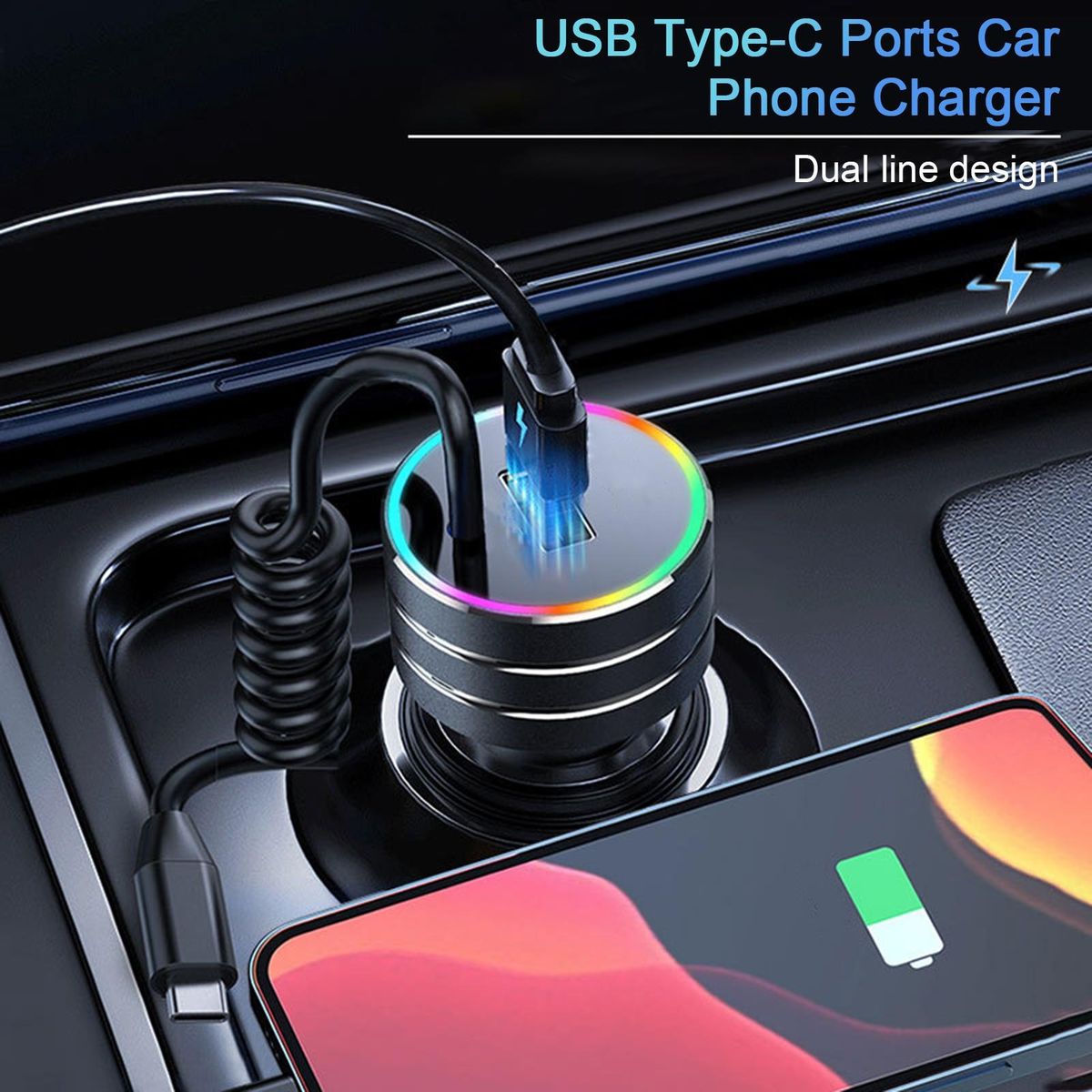 Car Phone Charger Universal USB Type-C Car Phone Charger Black