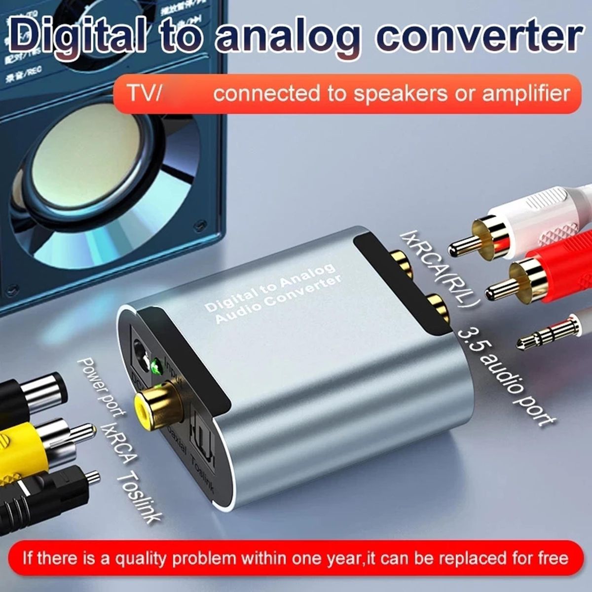 Audio Converter Coaxial Toslink Digital to Analog Stereo Converter Sliver Gray