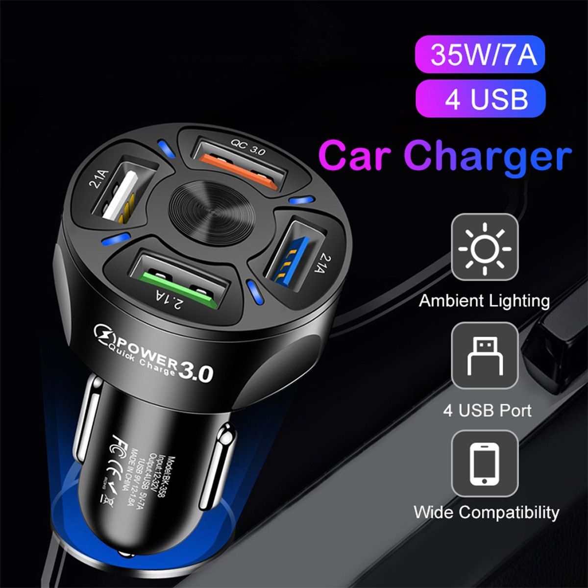 Car Socket QC3.0 USB Ports Car Power Adapter Black
