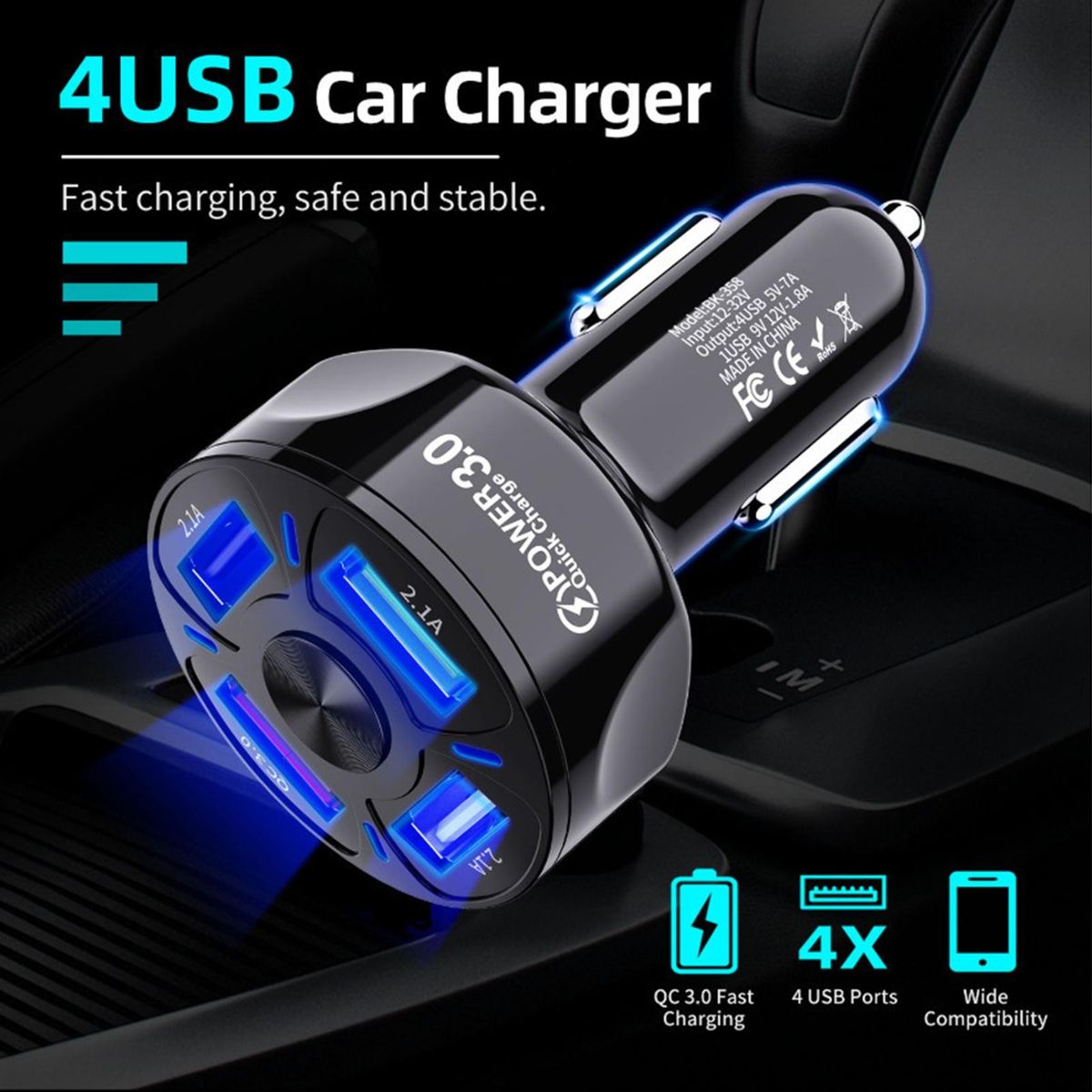 Car Socket QC3.0 USB Ports Car Power Adapter Black