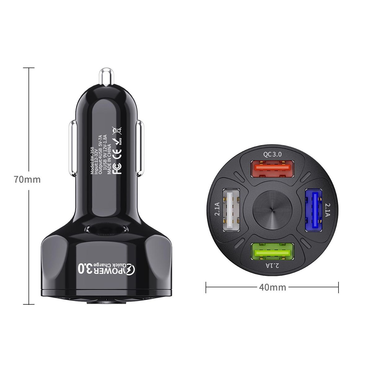 Car Socket QC3.0 USB Ports Car Power Adapter Black