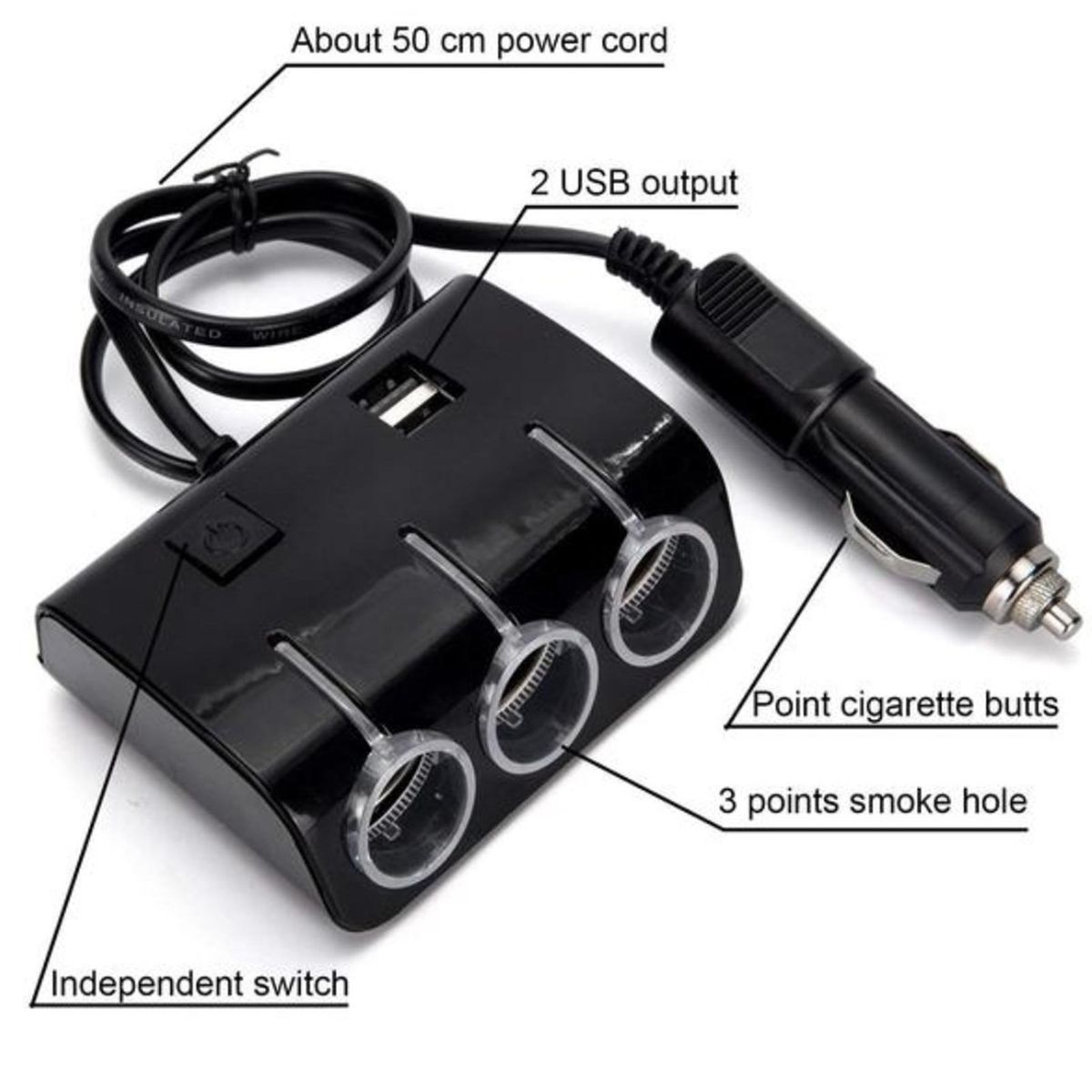 Car USB Charger 3 Socket Splitter Car Charger Adapter Black