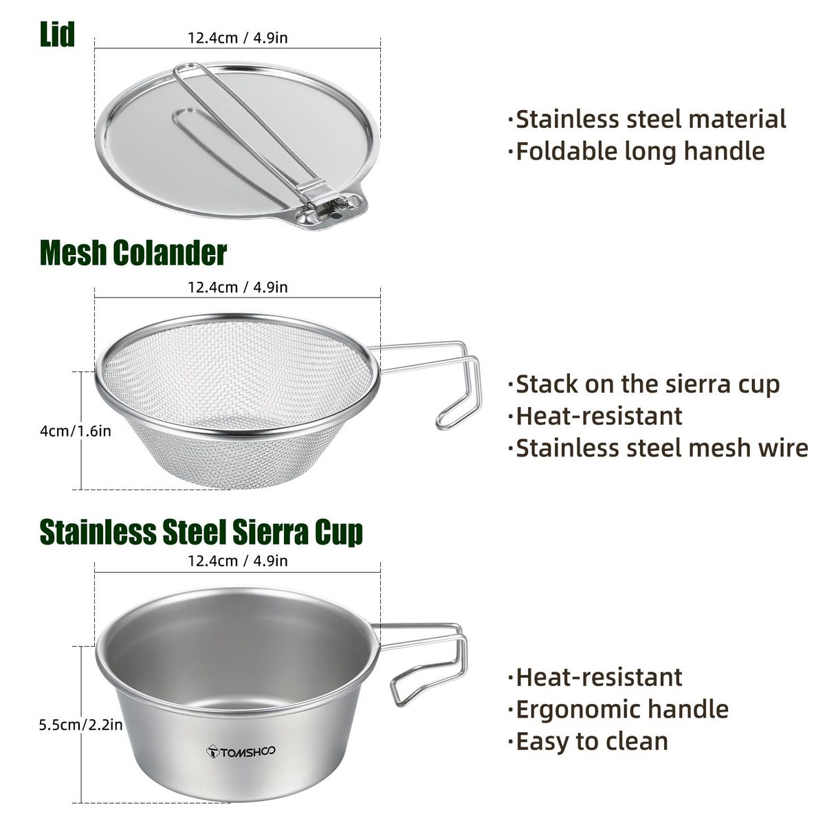 TOMSHOO Stainless Steel Sierra Cup Bowl with Mesh Strainer Colander and Lid for Camping Hiking Backpacking
