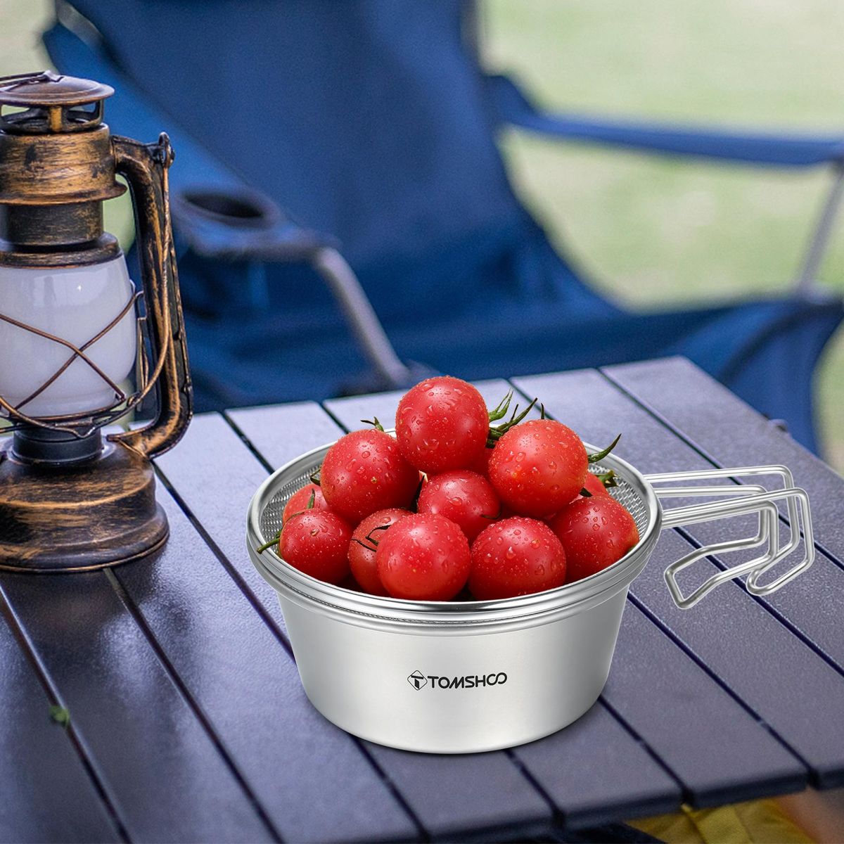 TOMSHOO Stainless Steel Sierra Cup Bowl with Mesh Strainer Colander and Lid for Camping Hiking Backpacking