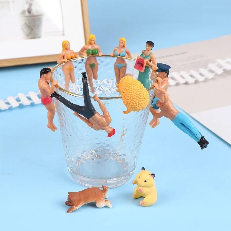 8Pcs Funny Cute Simulation Character Cup Edge Hanging Ornaments Doll Micro Landscape Cup Hanging Hand Model Best Gifts