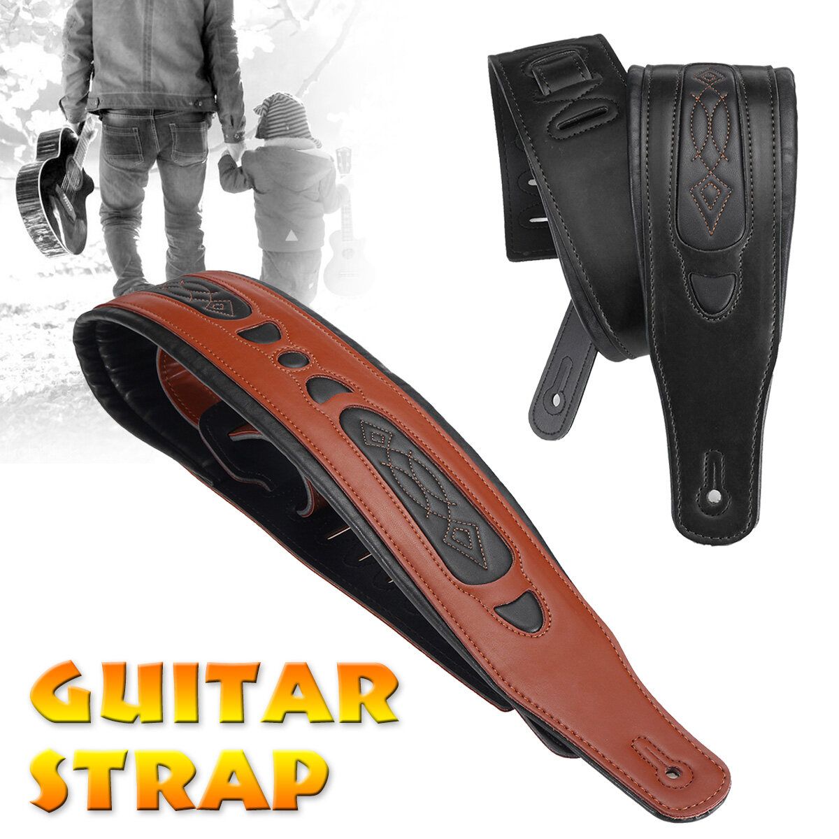 Long Leather Guitar Strap Acoustic Electric Guitar Bass Adjustable Thick Padded Brown
