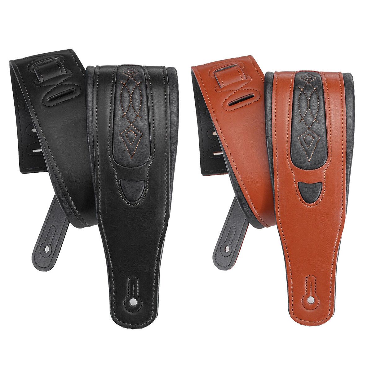 Long Leather Guitar Strap Acoustic Electric Guitar Bass Adjustable Thick Padded Brown