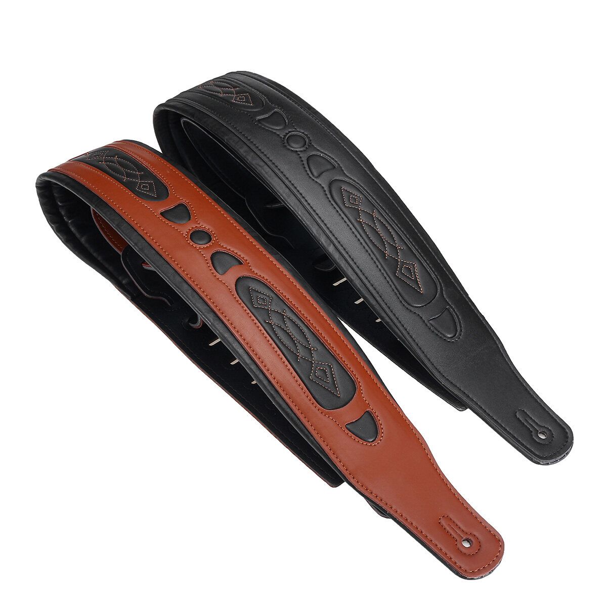 Long Leather Guitar Strap Acoustic Electric Guitar Bass Adjustable Thick Padded Brown