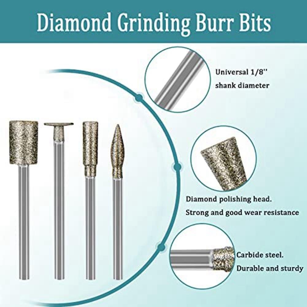 Stone Carving Set Diamond Burr Bits,20PCS Polishing Kits Rotary Tools Accessories with 1/8 Inch Shank for Carving
