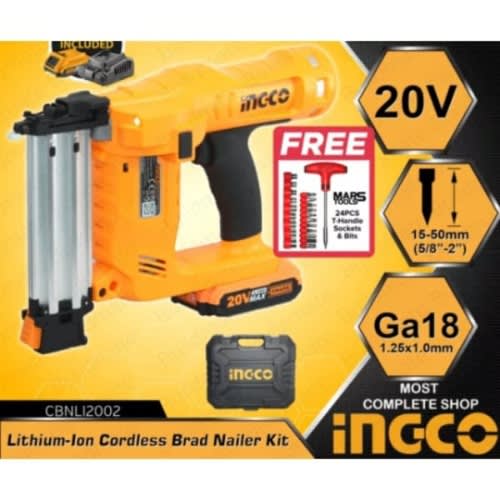 Ingco Li-ion Cordless Brad Nailer Kit - 20v With 2 X Battery And Charger