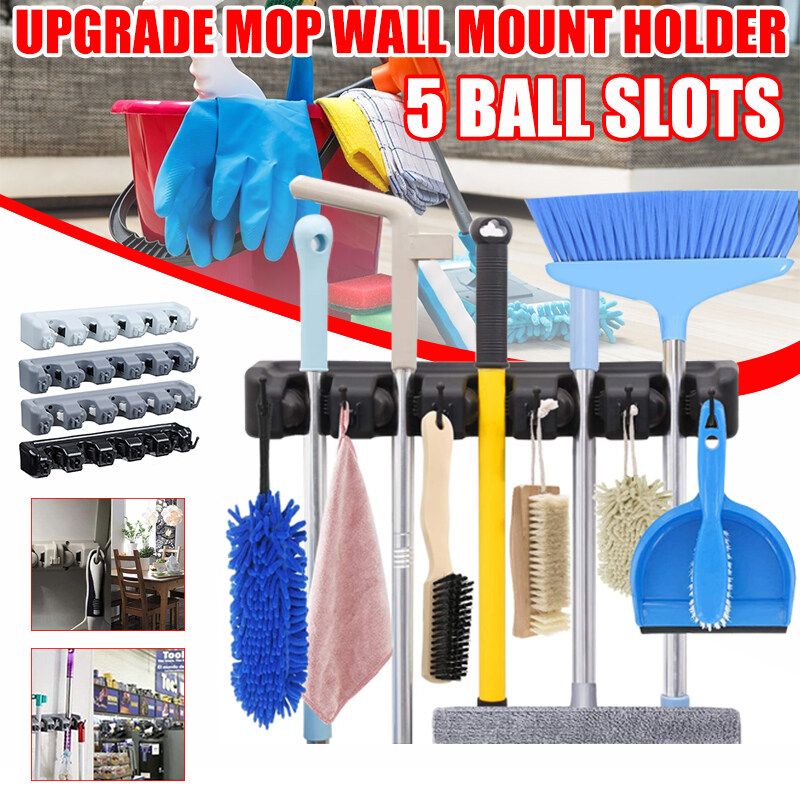 [ 5 Ball Slots And 6 Hooks Mop Broom Holder Garden Tools Wall Mounted Commercial Organizer Storage Rack For Kitchen Garden And Garage Laundry Offices Spring Loaded Mop Hanger Handles Black Standard